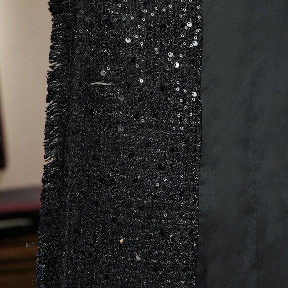 Black Elegant Women's Tweed Sequin Double Breasted Lapel Collar Overcoat Jacket - Picture 7 of 14